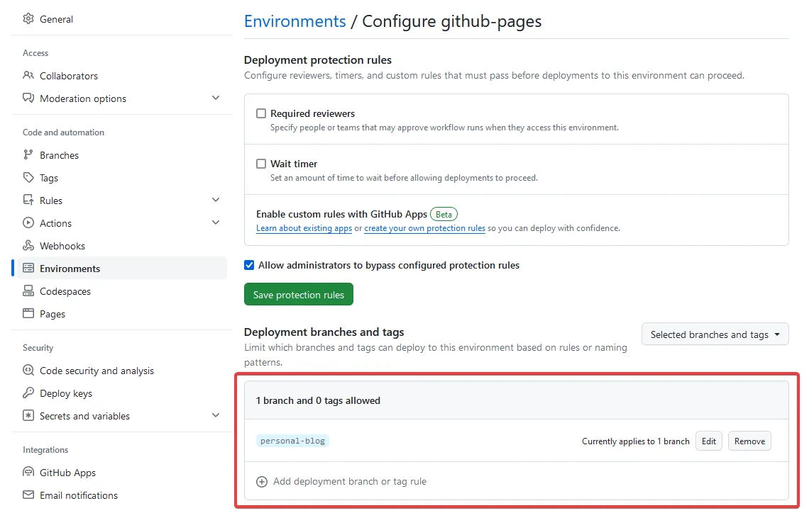 Configure deployment branch under repo settings, environments, github-pages